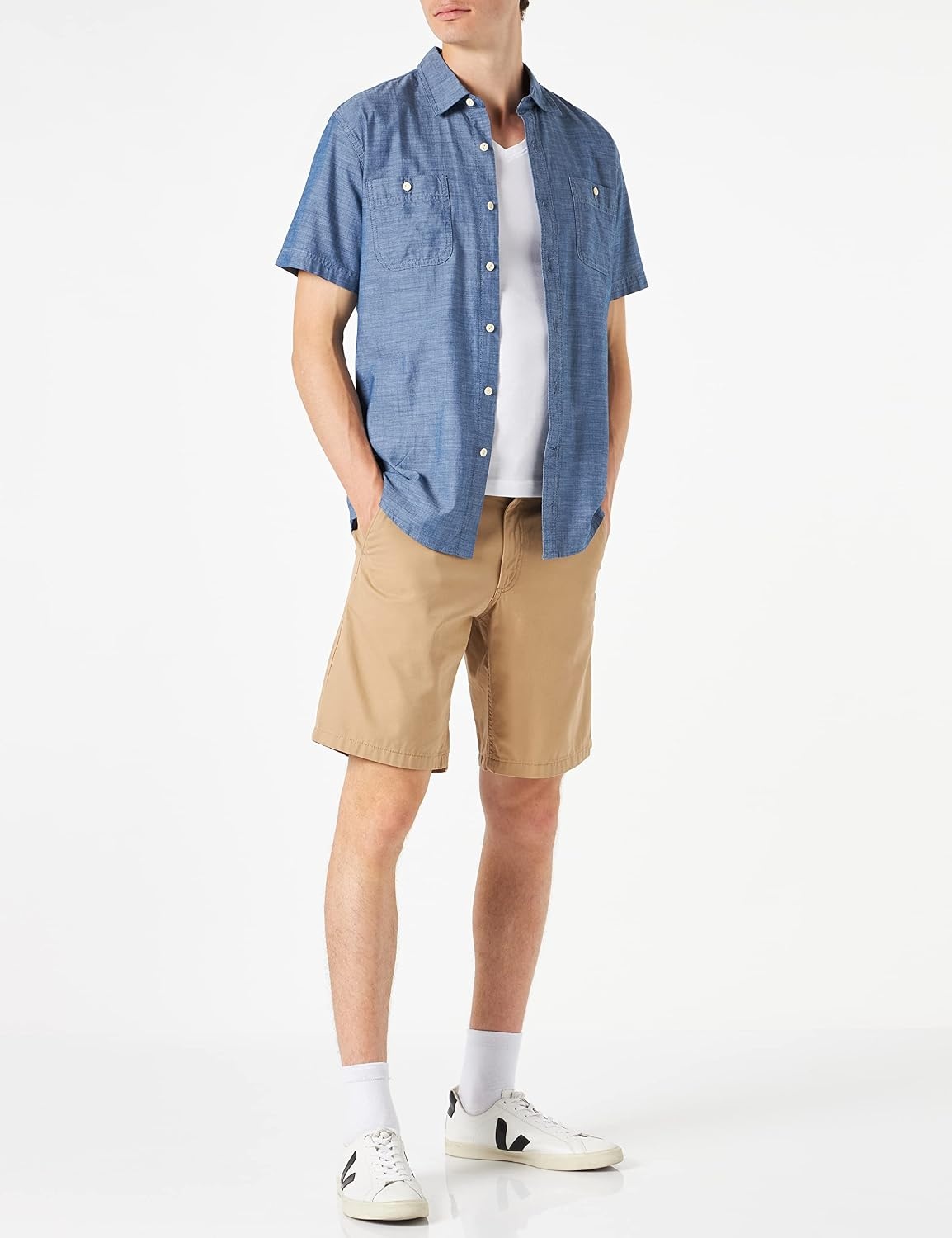image:imageAmazon Essentials Mens RegularFit ShortSleeve ButtonDown Chambray ShirtBlue