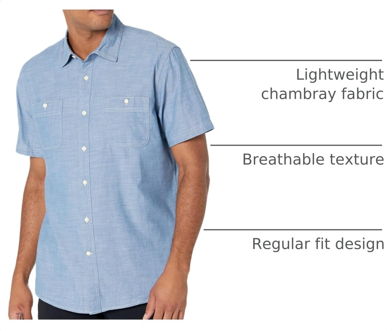 image:imageAmazon Essentials Mens RegularFit ShortSleeve ButtonDown Chambray ShirtMedium Blue