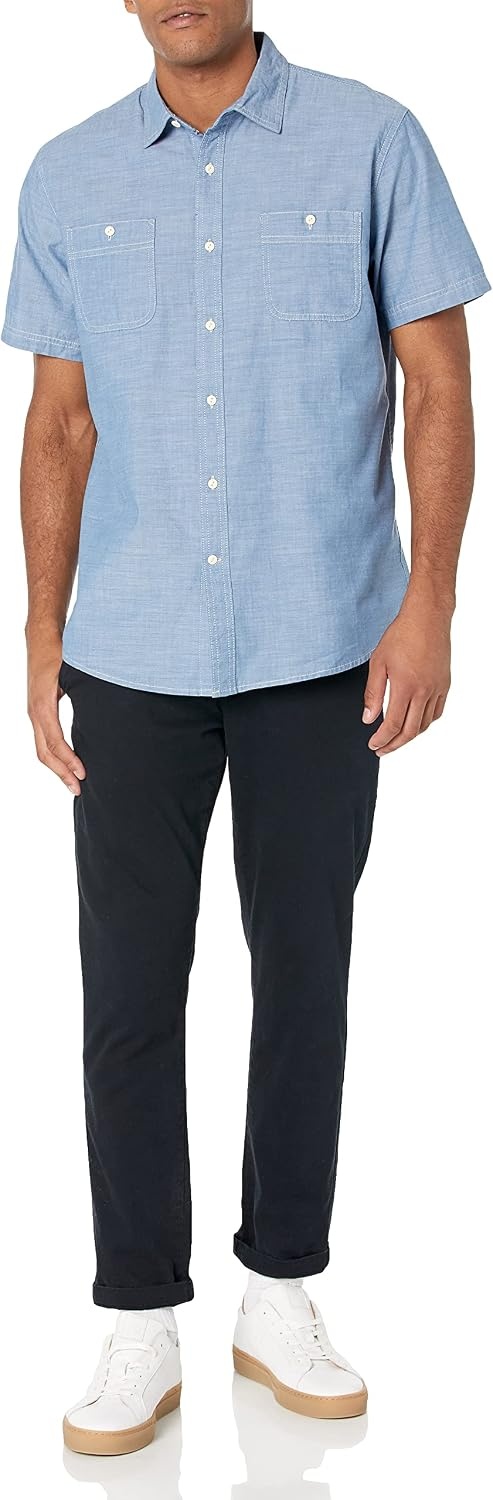 image:imageAmazon Essentials Mens RegularFit ShortSleeve ButtonDown Chambray ShirtMedium Blue