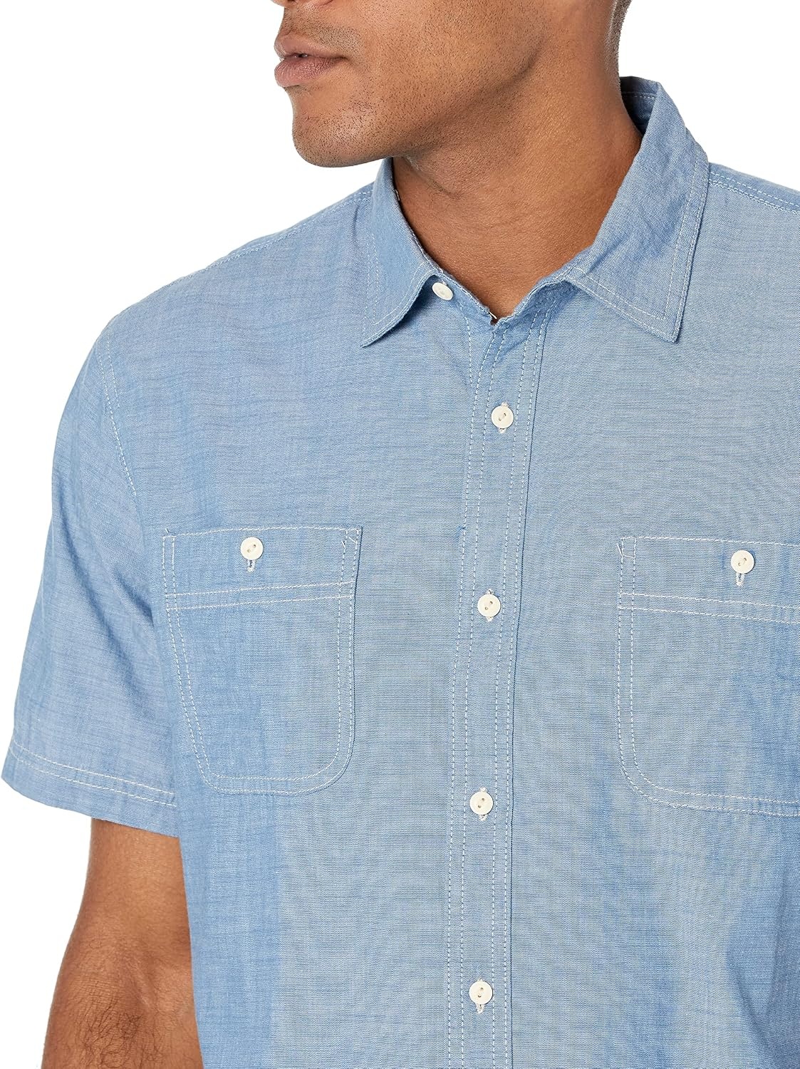 image:imageAmazon Essentials Mens RegularFit ShortSleeve ButtonDown Chambray ShirtMedium Blue
