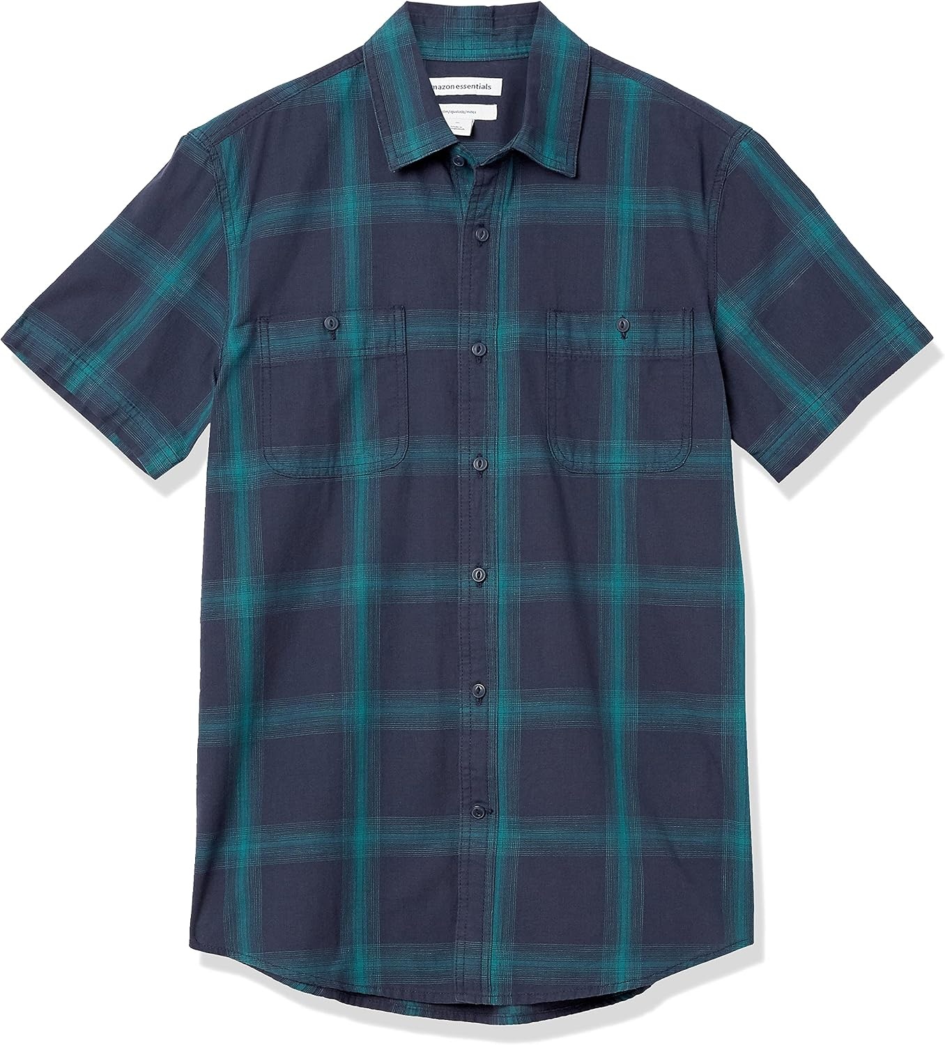 image:imageAmazon Essentials Mens RegularFit ShortSleeve ButtonDown Chambray ShirtNavy Gradient Plaid