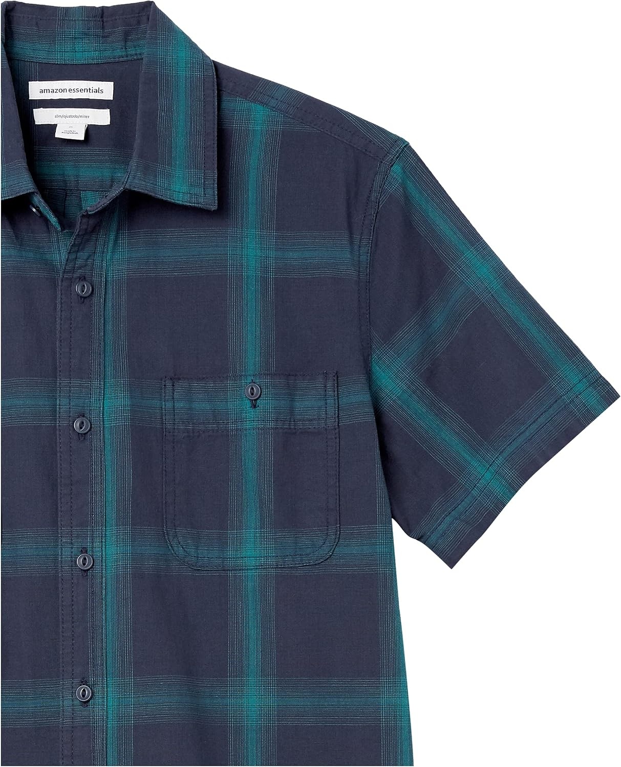 image:imageAmazon Essentials Mens RegularFit ShortSleeve ButtonDown Chambray ShirtNavy Gradient Plaid