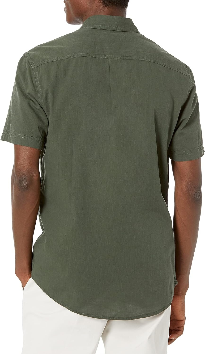 image:imageAmazon Essentials Mens RegularFit ShortSleeve ButtonDown Chambray ShirtOlive