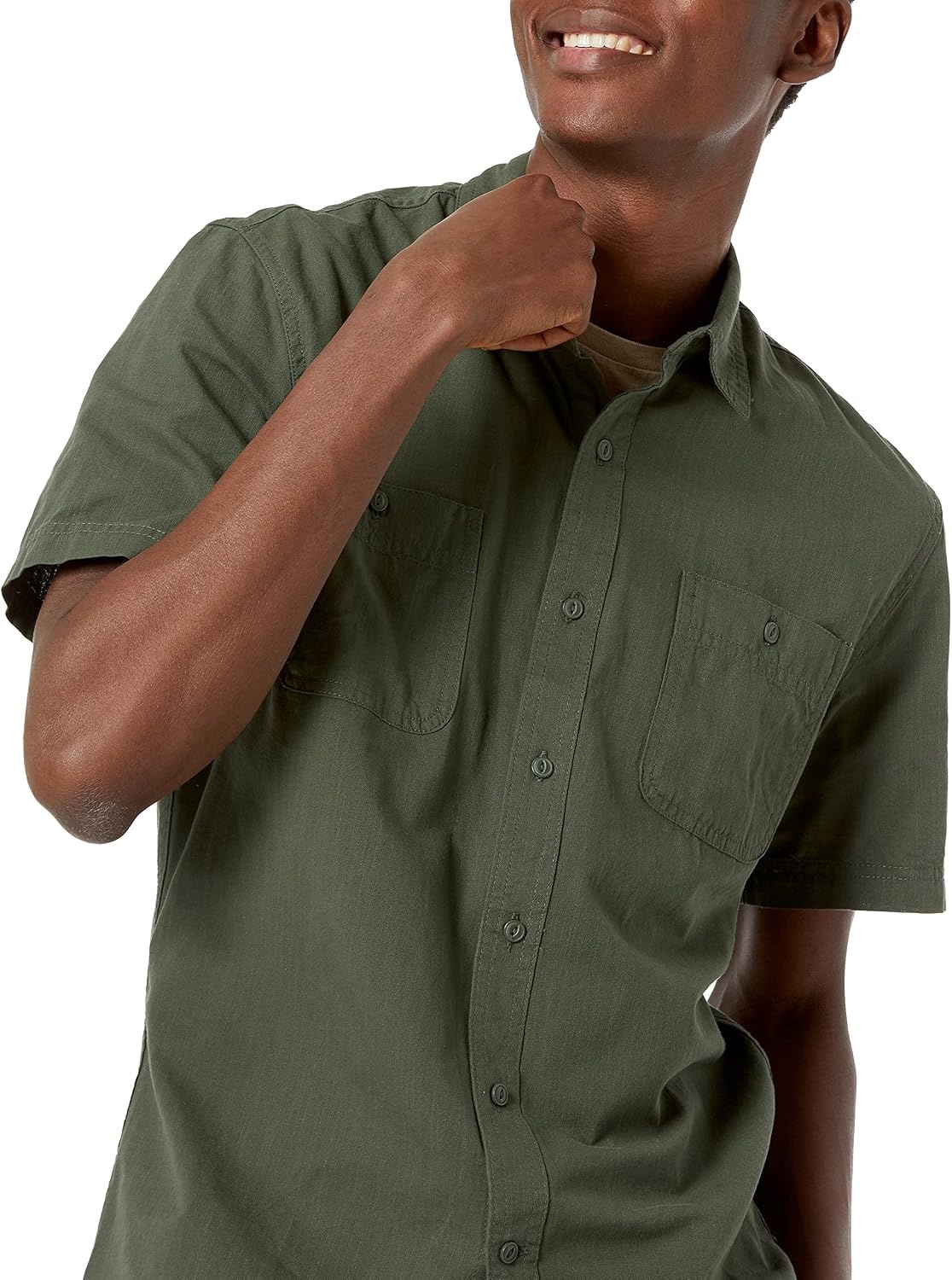 image:imageAmazon Essentials Mens RegularFit ShortSleeve ButtonDown Chambray ShirtOlive