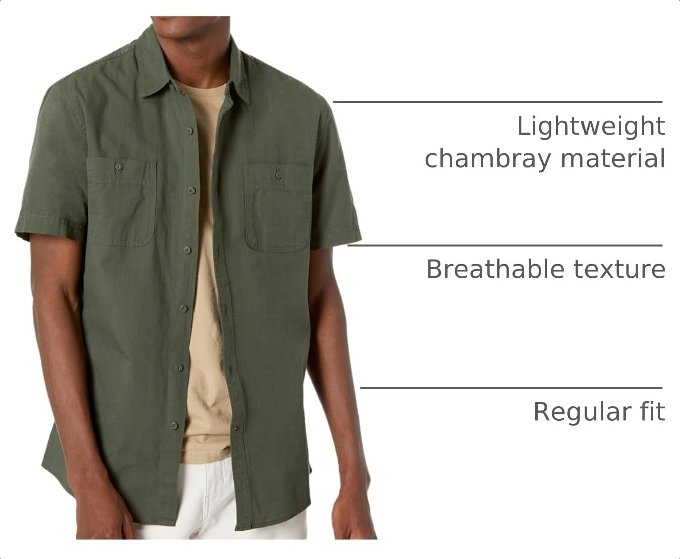 image:imageAmazon Essentials Mens RegularFit ShortSleeve ButtonDown Chambray ShirtOlive