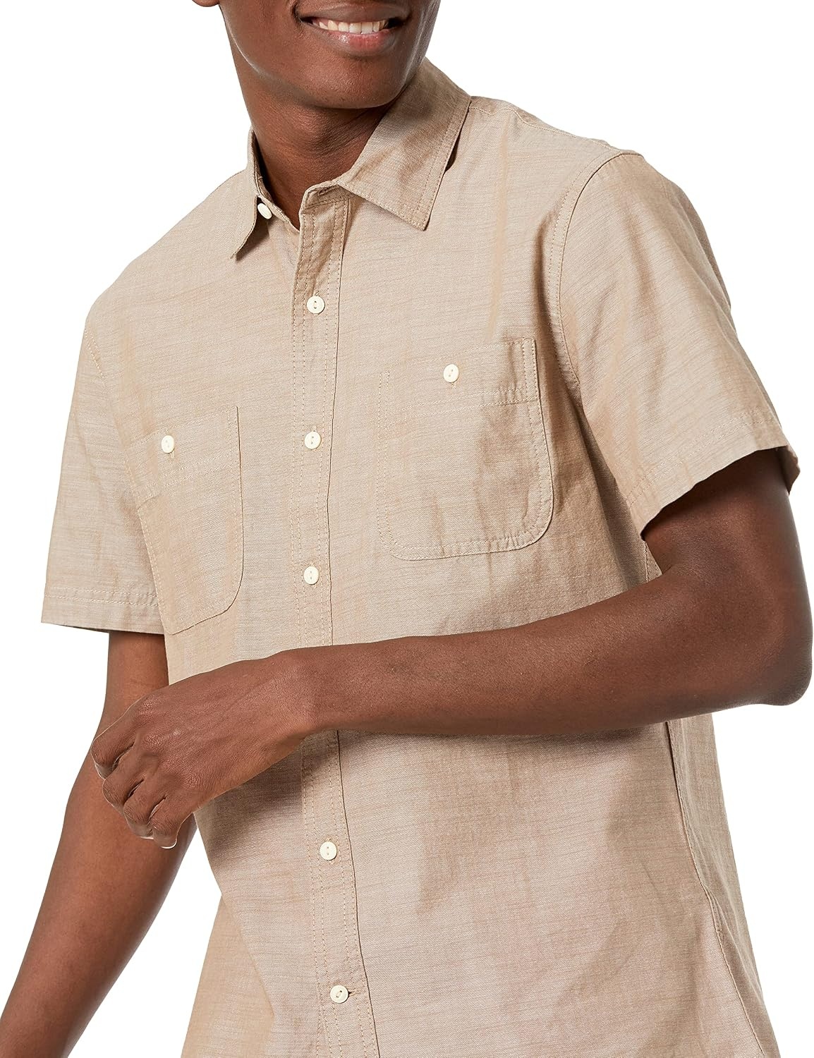 image:imageAmazon Essentials Mens RegularFit ShortSleeve ButtonDown Chambray ShirtTan