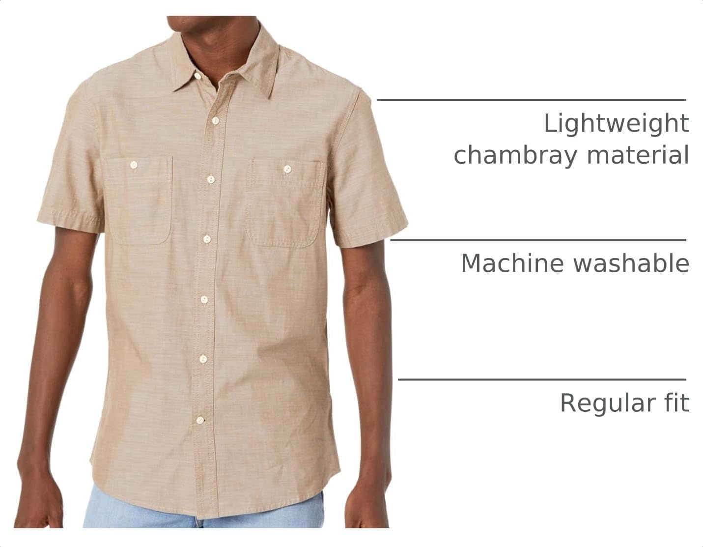 image:imageAmazon Essentials Mens RegularFit ShortSleeve ButtonDown Chambray ShirtTan