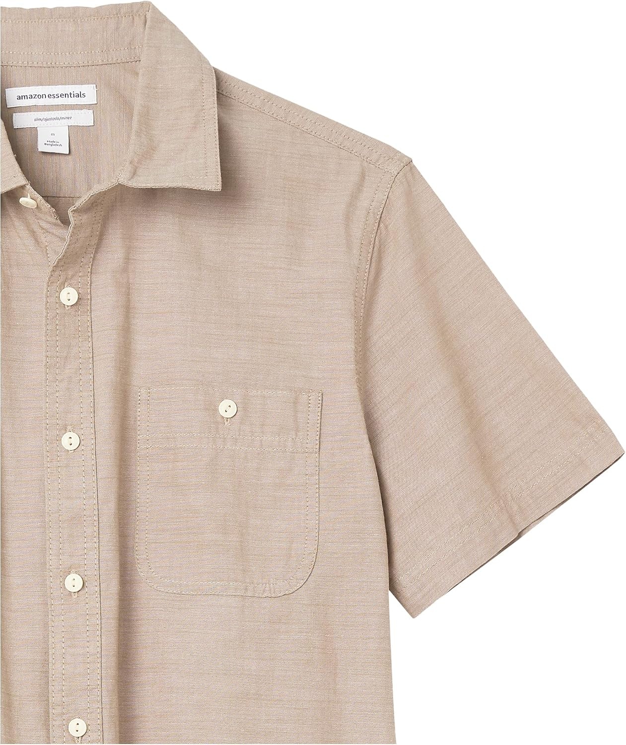 image:imageAmazon Essentials Mens RegularFit ShortSleeve ButtonDown Chambray ShirtTan