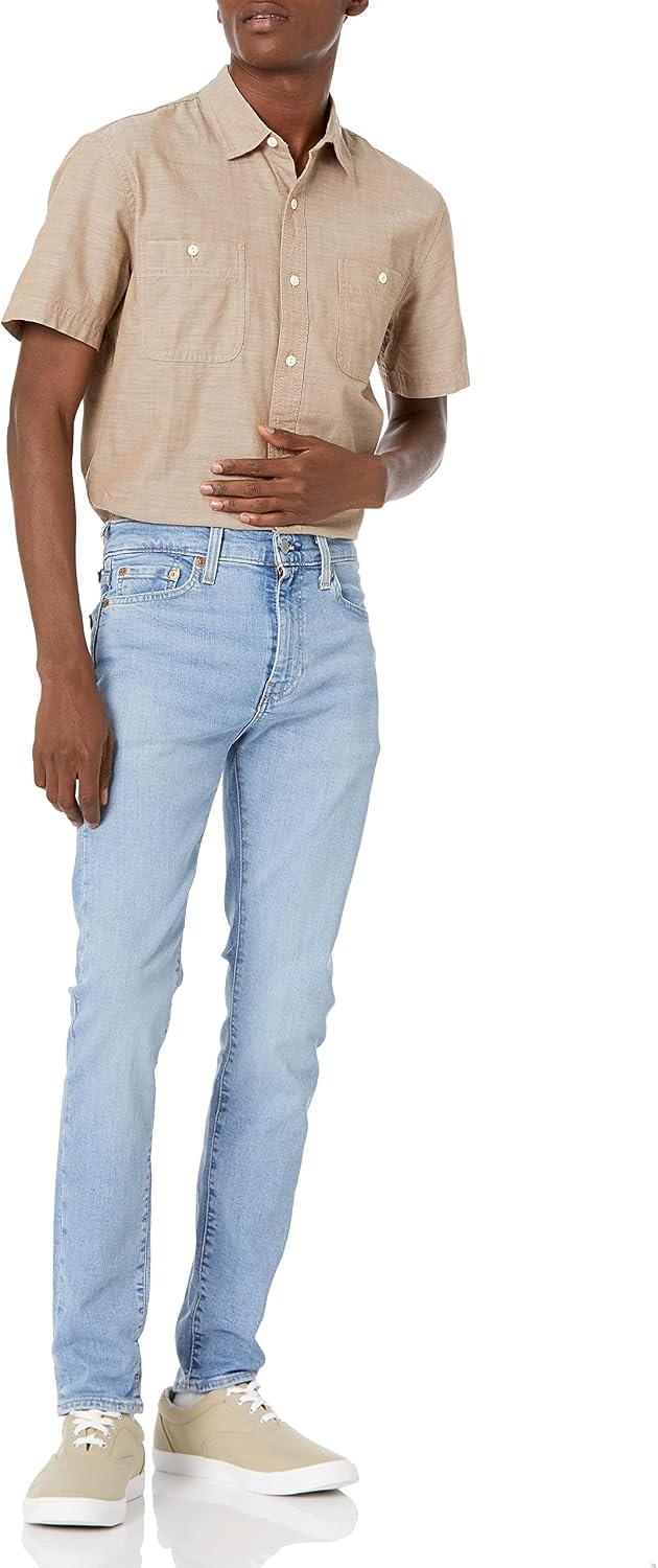 image:imageAmazon Essentials Mens RegularFit ShortSleeve ButtonDown Chambray ShirtTan