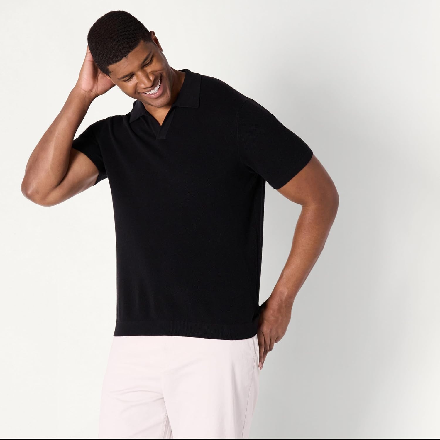 image:imageAmazon Essentials Mens RegularFit ShortSleeve Knit Polo Sweater Breathable Cotton NylonBlack