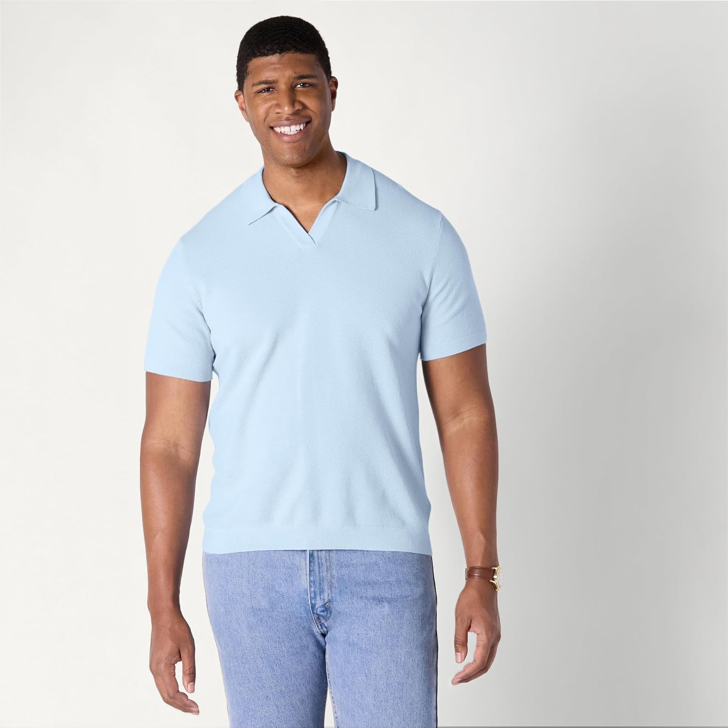 image:imageAmazon Essentials Mens RegularFit ShortSleeve Knit Polo Sweater Breathable Cotton NylonSky Blue