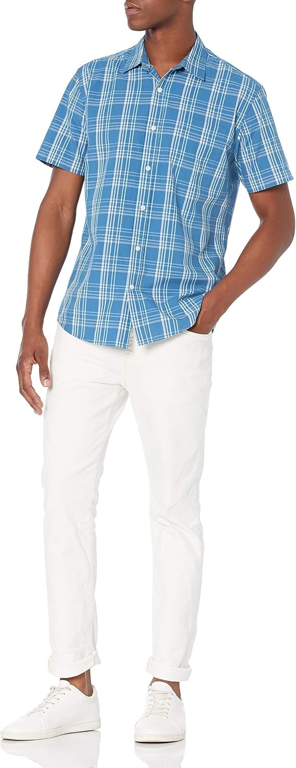 image:imageAmazon Essentials Mens RegularFit ShortSleeve Poplin Shirt Collared WashedAqua Blue Checked