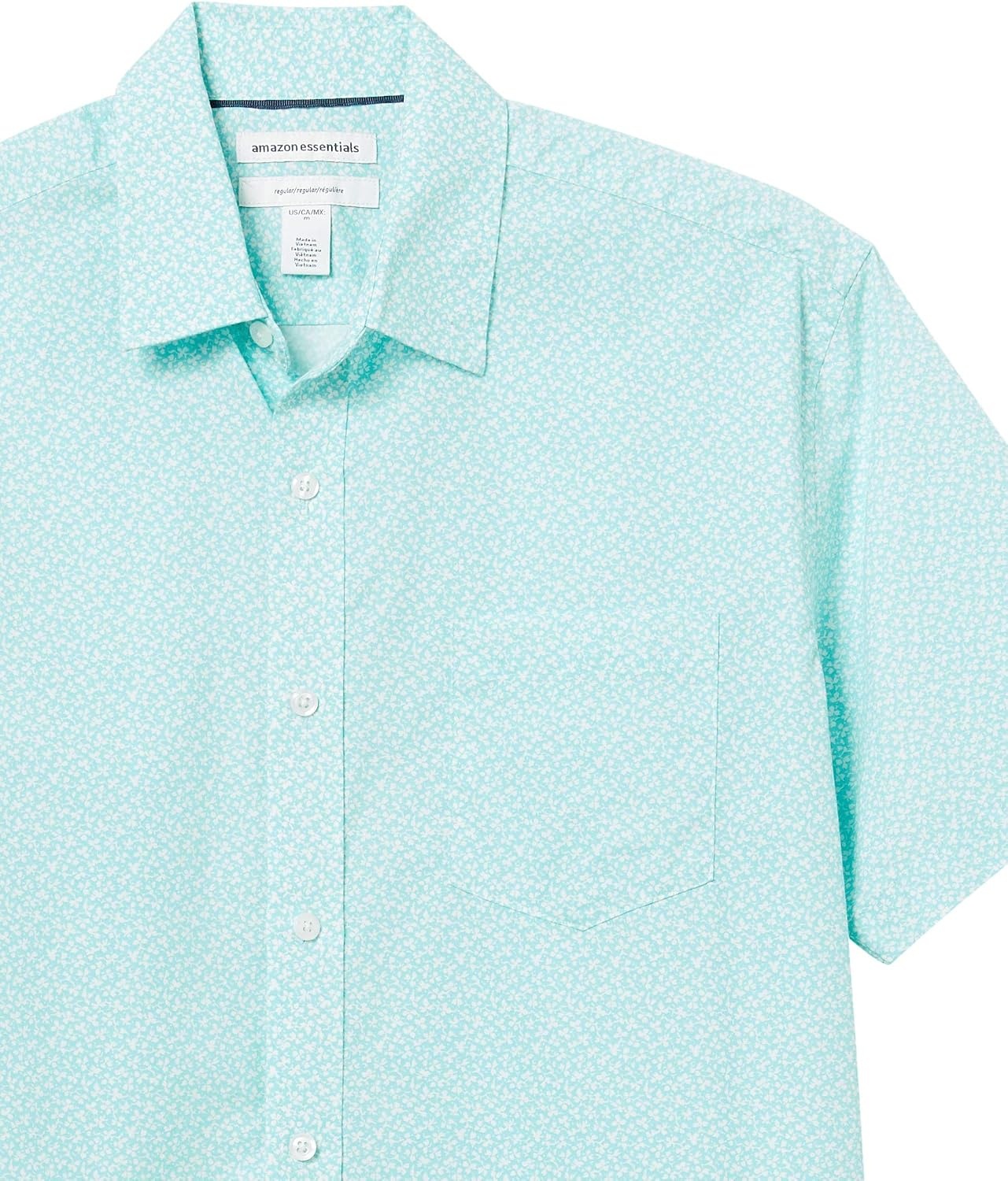 image:imageAmazon Essentials Mens RegularFit ShortSleeve Poplin Shirt Collared WashedAqua Blue FloralLeaf Print