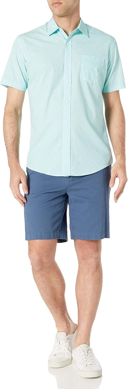 image:imageAmazon Essentials Mens RegularFit ShortSleeve Poplin Shirt Collared WashedAqua Blue FloralLeaf Print