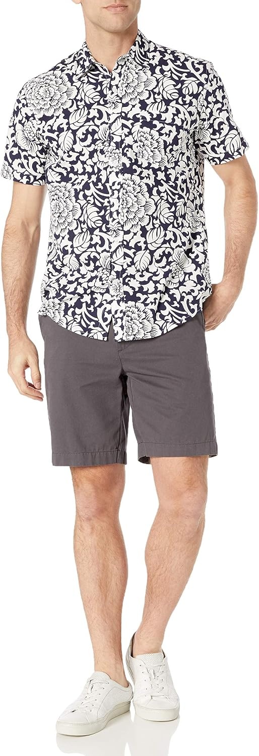 image:imageAmazon Essentials Mens RegularFit ShortSleeve Poplin Shirt Collared WashedBlackWhite Floral