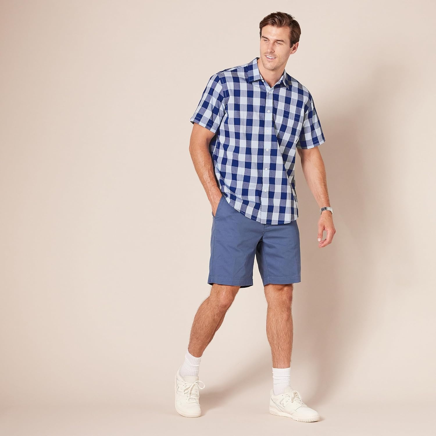 image:imageAmazon Essentials Mens RegularFit ShortSleeve Poplin Shirt Collared WashedBlue Buffalo Check