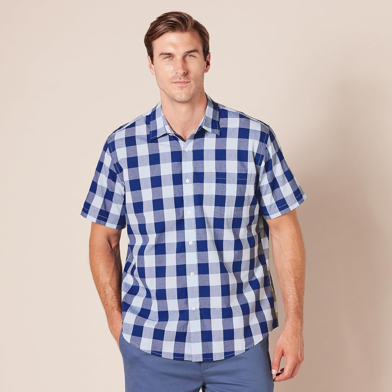 image:imageAmazon Essentials Mens RegularFit ShortSleeve Poplin Shirt Collared WashedBlue Buffalo Check