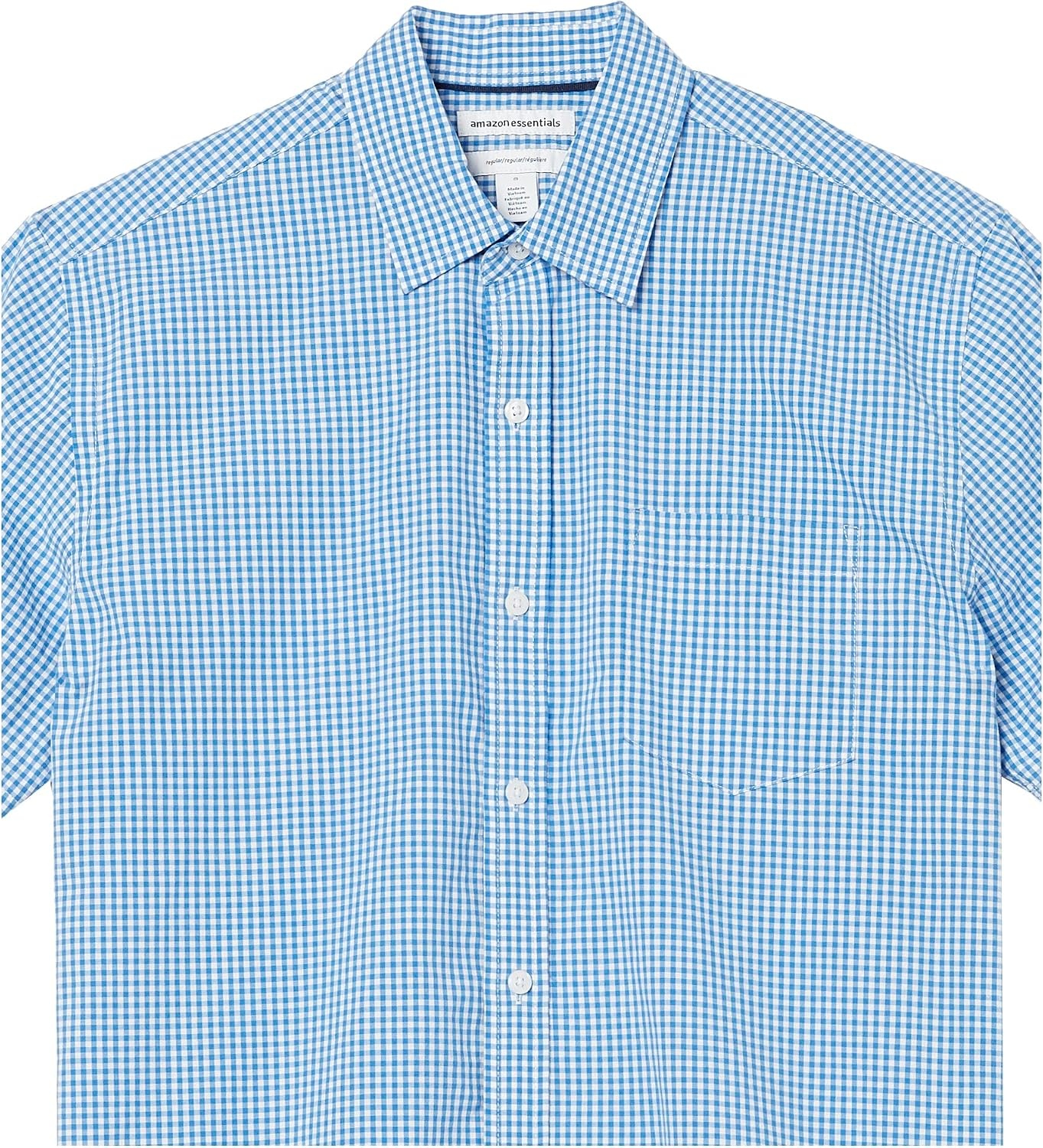 image:imageAmazon Essentials Mens RegularFit ShortSleeve Poplin Shirt Collared WashedBlue Gingham