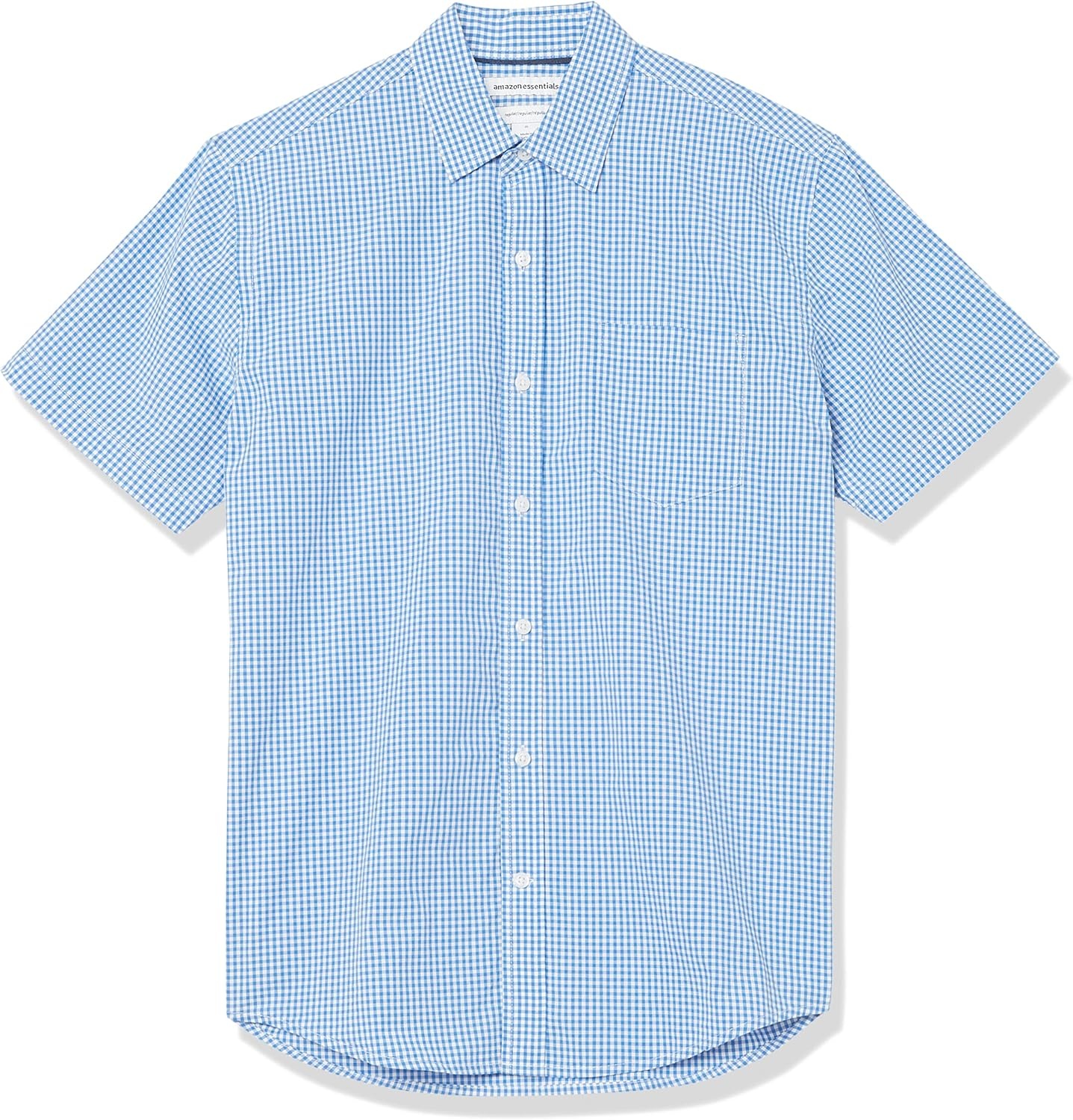 image:imageAmazon Essentials Mens RegularFit ShortSleeve Poplin Shirt Collared WashedBlue Gingham