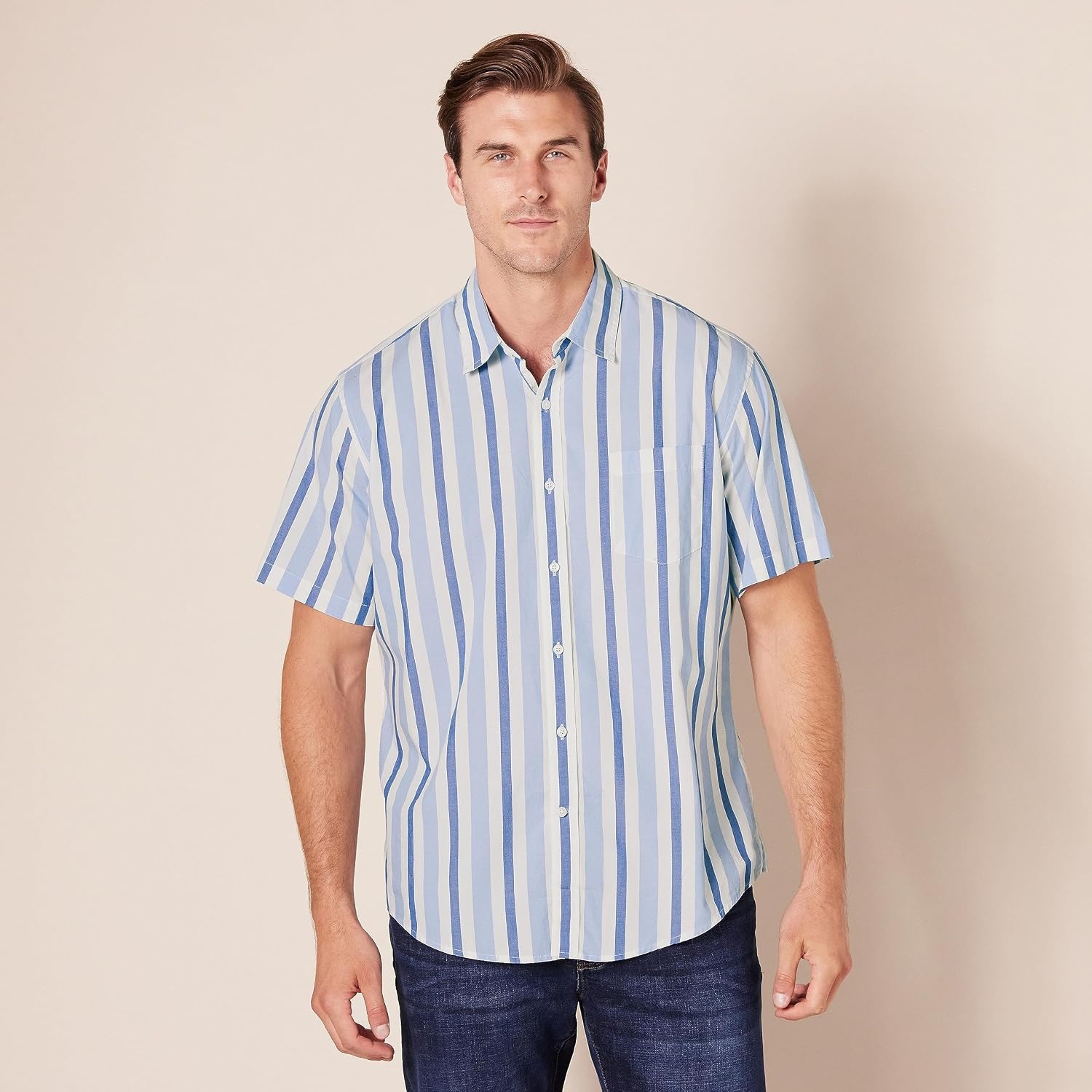image:imageAmazon Essentials Mens RegularFit ShortSleeve Poplin Shirt Collared WashedBlue White Stripe