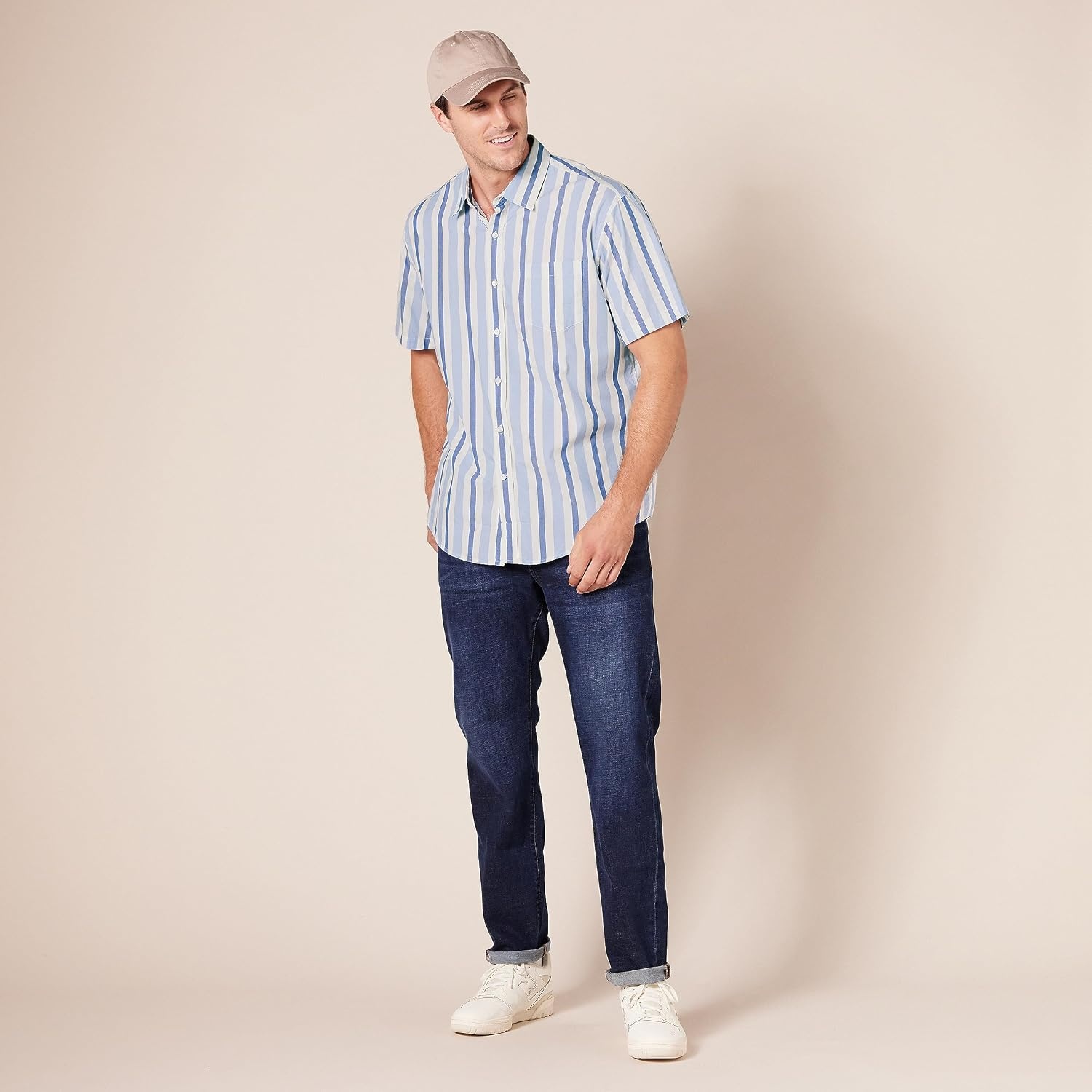 image:imageAmazon Essentials Mens RegularFit ShortSleeve Poplin Shirt Collared WashedBlue White Stripe