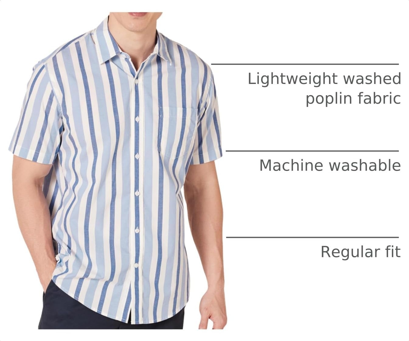 image:imageAmazon Essentials Mens RegularFit ShortSleeve Poplin Shirt Collared WashedBlue White Stripe