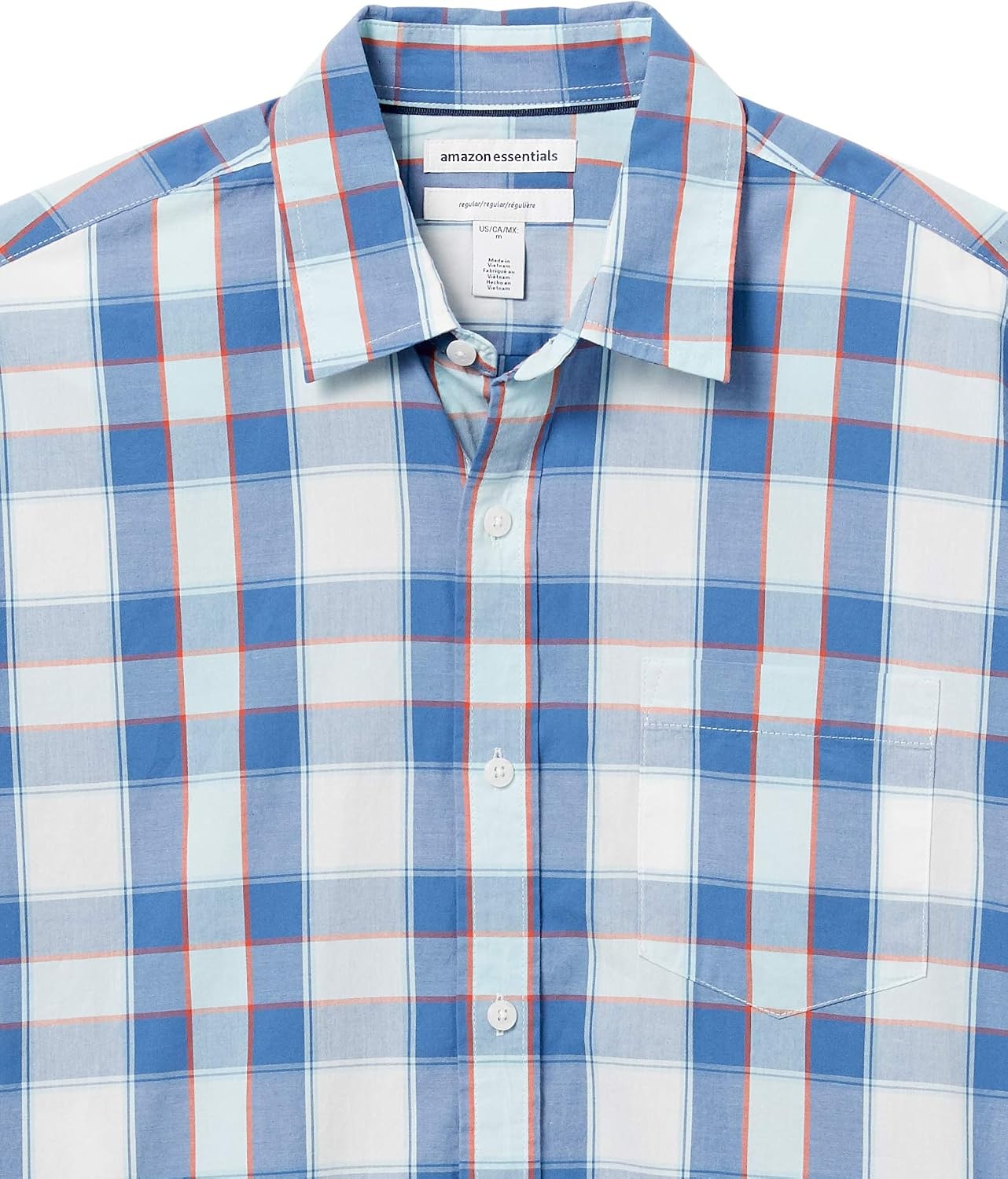 image:imageAmazon Essentials Mens RegularFit ShortSleeve Poplin Shirt Collared WashedBlueOrange Checked