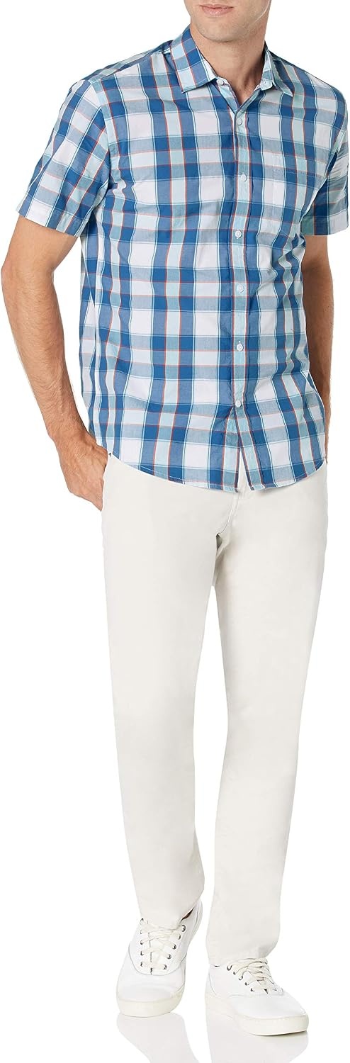 image:imageAmazon Essentials Mens RegularFit ShortSleeve Poplin Shirt Collared WashedBlueOrange Checked