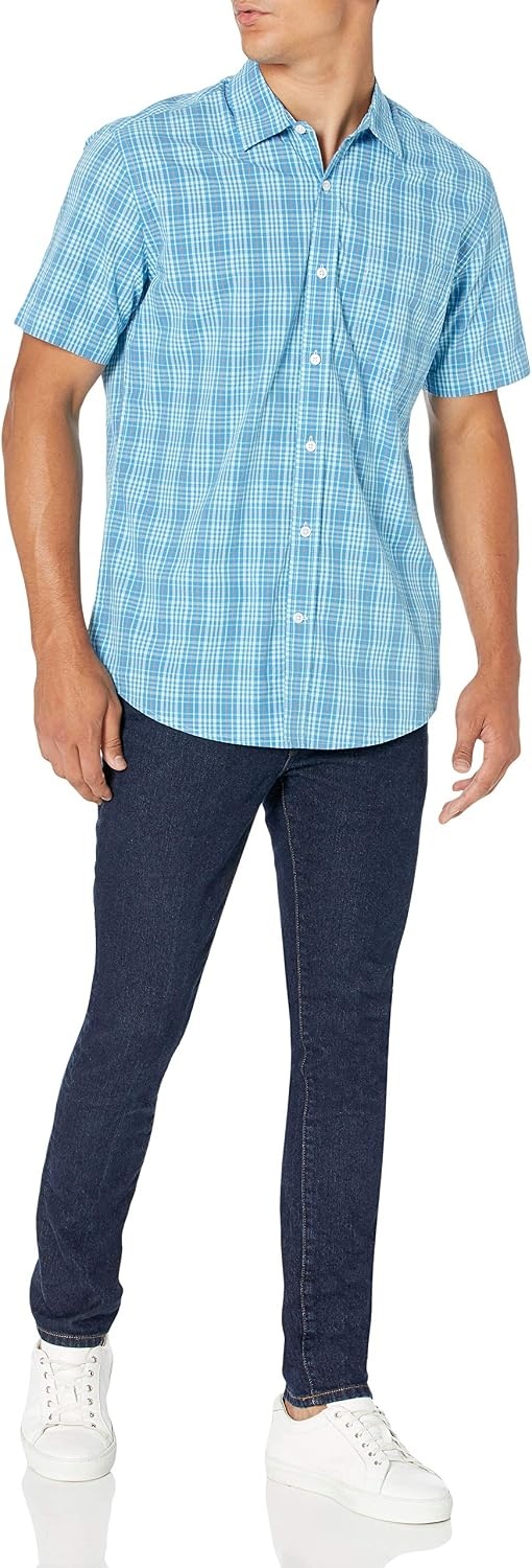 image:imageAmazon Essentials Mens RegularFit ShortSleeve Poplin Shirt Collared WashedBlueOrange Plaid