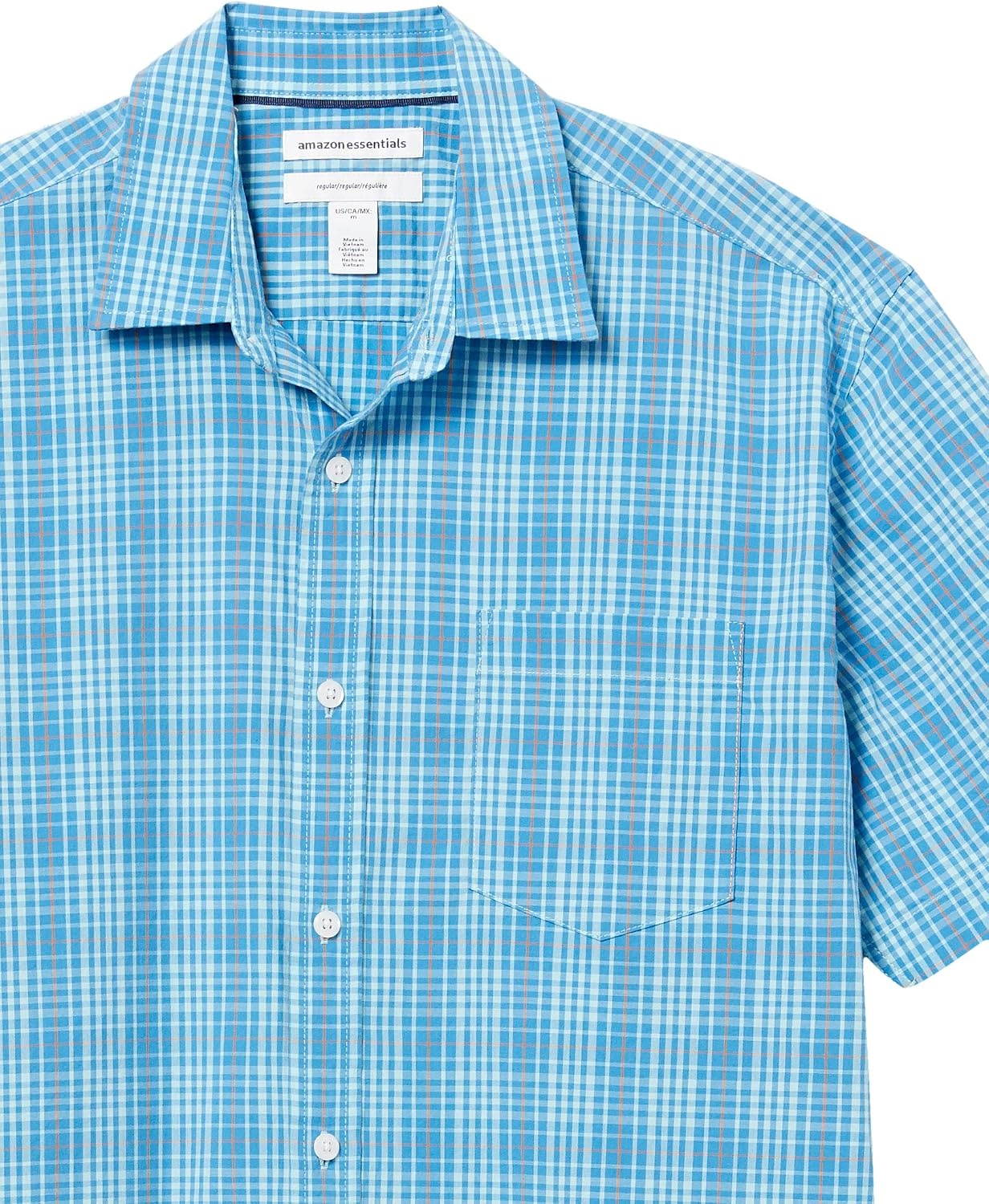 image:imageAmazon Essentials Mens RegularFit ShortSleeve Poplin Shirt Collared WashedBlueOrange Plaid