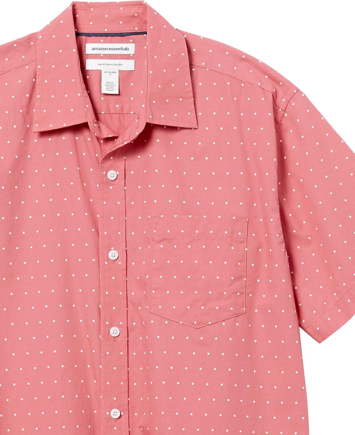 image:imageAmazon Essentials Mens RegularFit ShortSleeve Poplin Shirt Collared WashedCoral OrangeWhite Dots