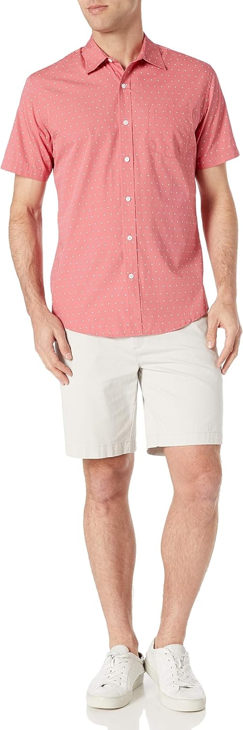 image:imageAmazon Essentials Mens RegularFit ShortSleeve Poplin Shirt Collared WashedCoral OrangeWhite Dots