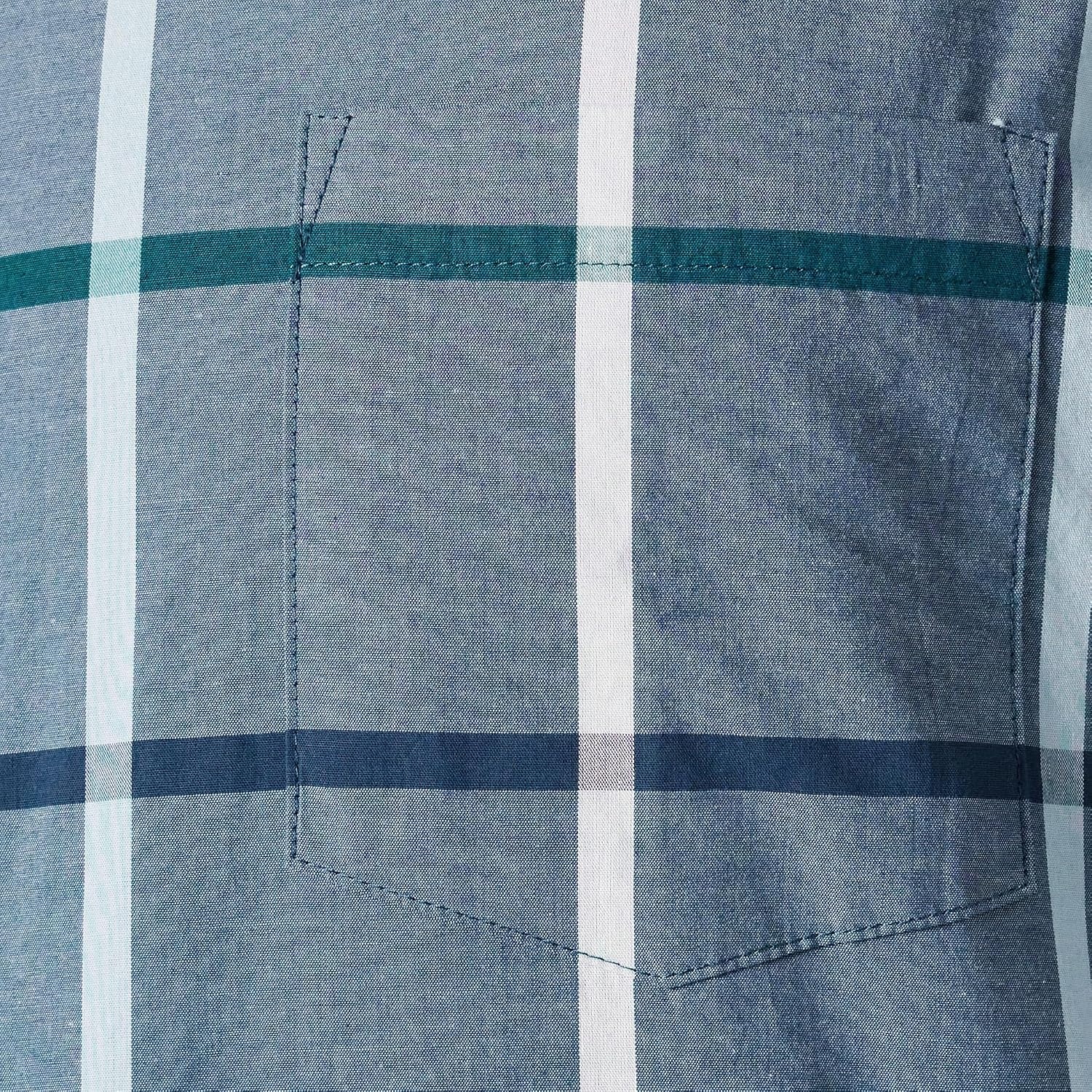 image:imageAmazon Essentials Mens RegularFit ShortSleeve Poplin Shirt Collared WashedDenim Large Plaid
