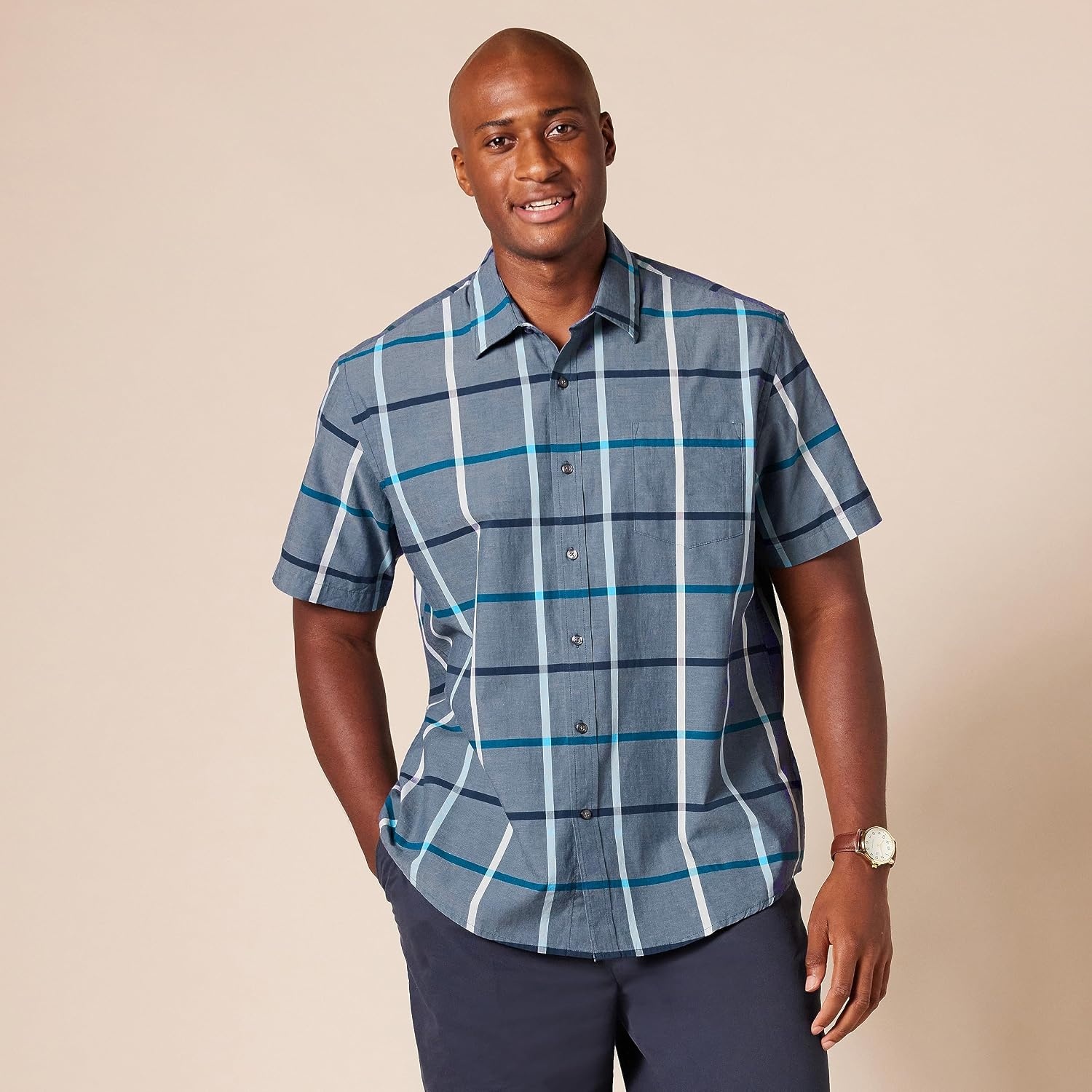 image:imageAmazon Essentials Mens RegularFit ShortSleeve Poplin Shirt Collared WashedDenim Large Plaid
