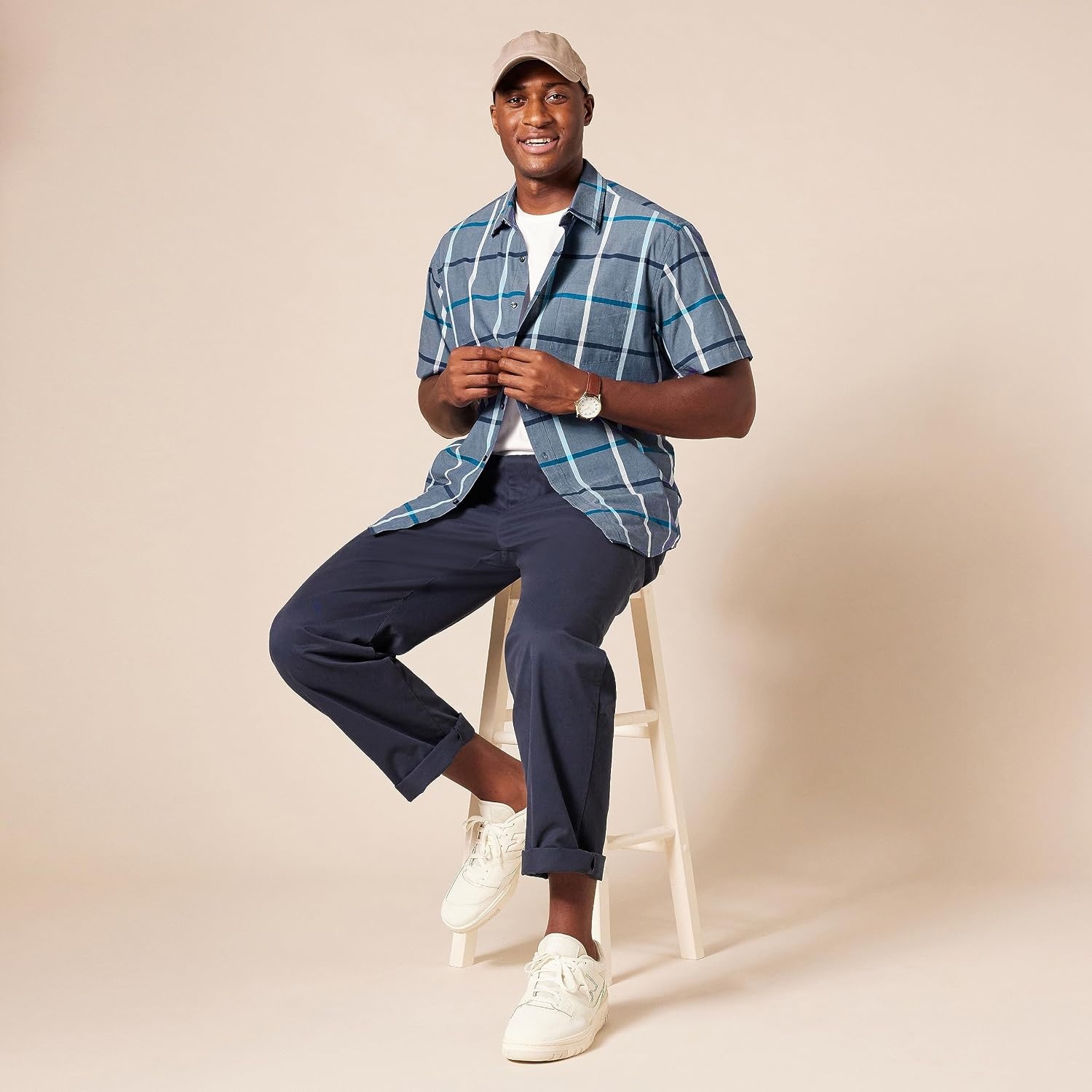 image:imageAmazon Essentials Mens RegularFit ShortSleeve Poplin Shirt Collared WashedDenim Large Plaid