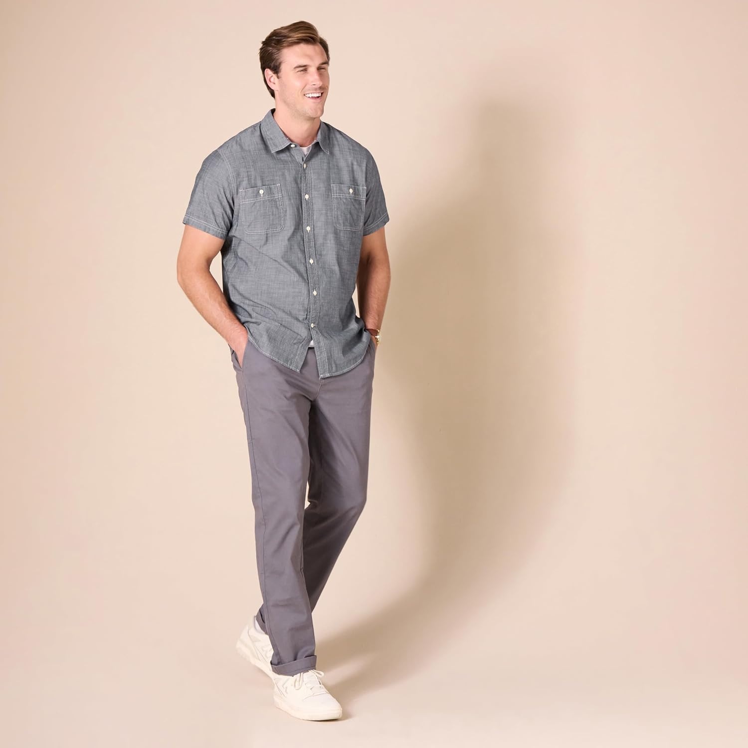 image:imageAmazon Essentials Mens RegularFit ShortSleeve Poplin Shirt Collared WashedGrey