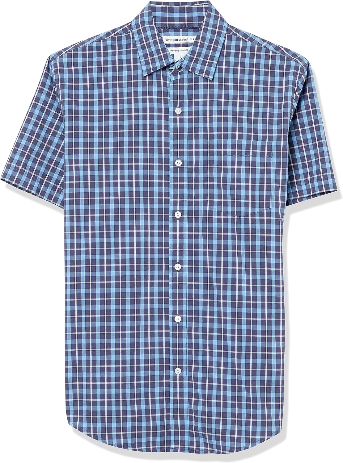 image:imageAmazon Essentials Mens RegularFit ShortSleeve Poplin Shirt Collared WashedNavy Plaid