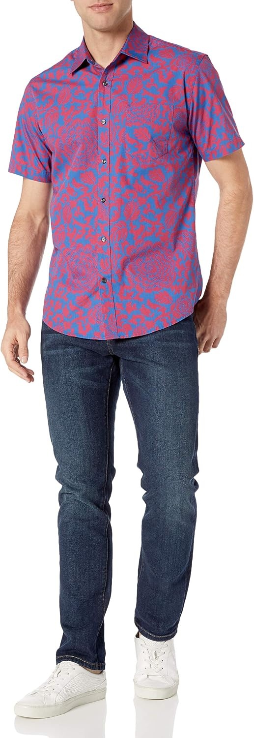 image:imageAmazon Essentials Mens RegularFit ShortSleeve Poplin Shirt Collared WashedRedBlue Floral