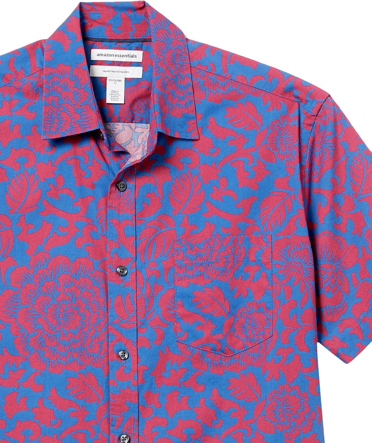 image:imageAmazon Essentials Mens RegularFit ShortSleeve Poplin Shirt Collared WashedRedBlue Floral