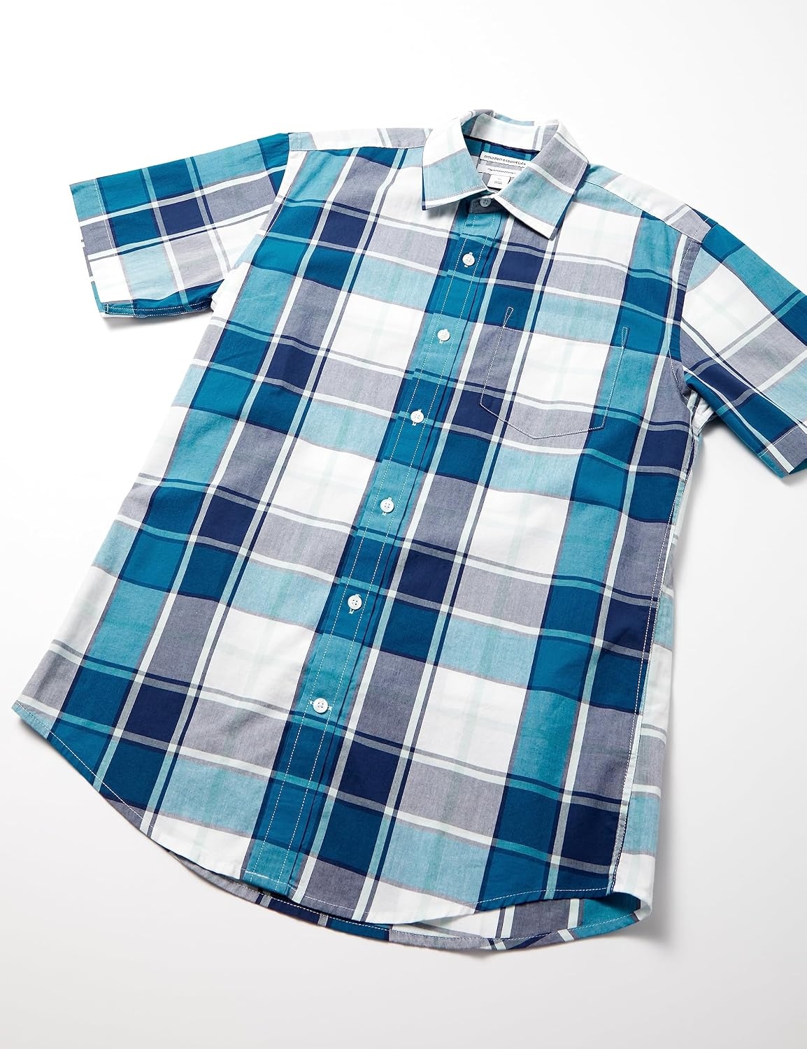 image:imageAmazon Essentials Mens RegularFit ShortSleeve Poplin Shirt Collared WashedTeal BlueNavy Large Plaid