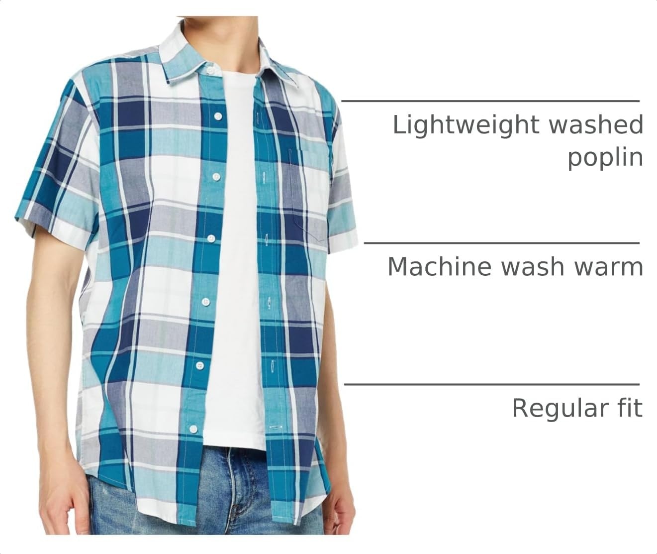 image:imageAmazon Essentials Mens RegularFit ShortSleeve Poplin Shirt Collared WashedTeal BlueNavy Large Plaid