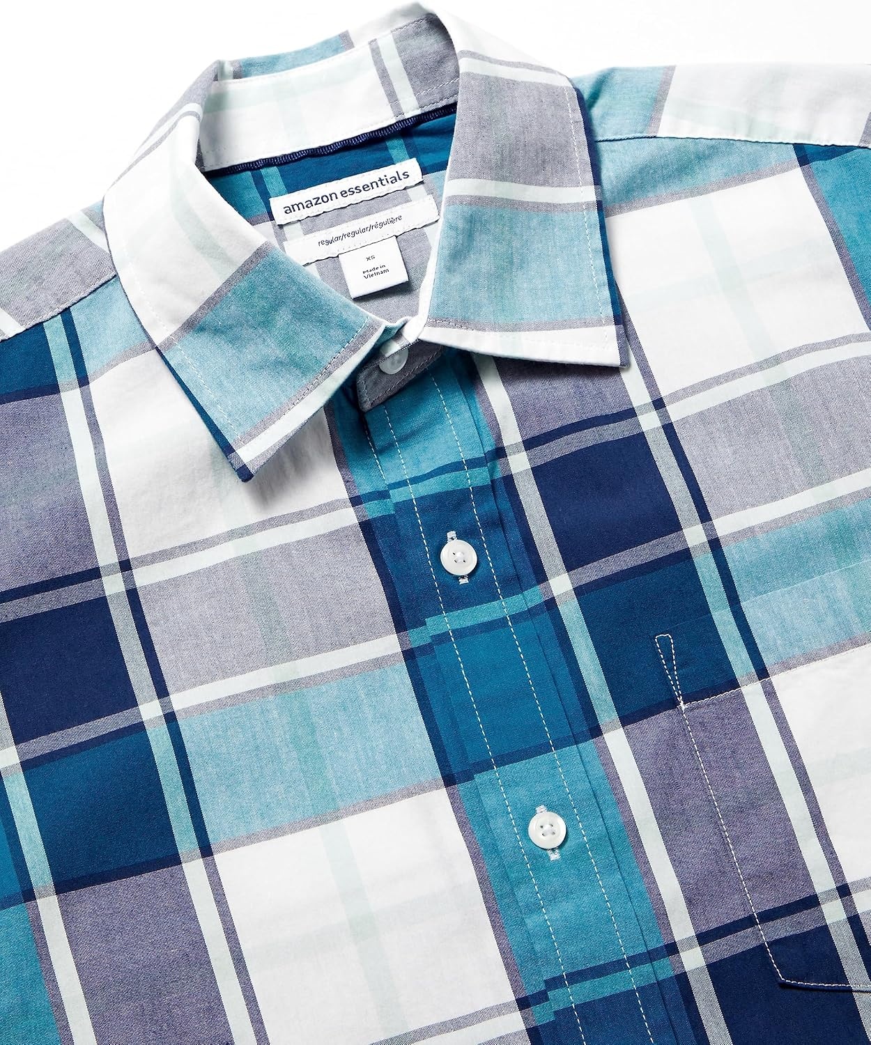 image:imageAmazon Essentials Mens RegularFit ShortSleeve Poplin Shirt Collared WashedTeal BlueNavy Large Plaid