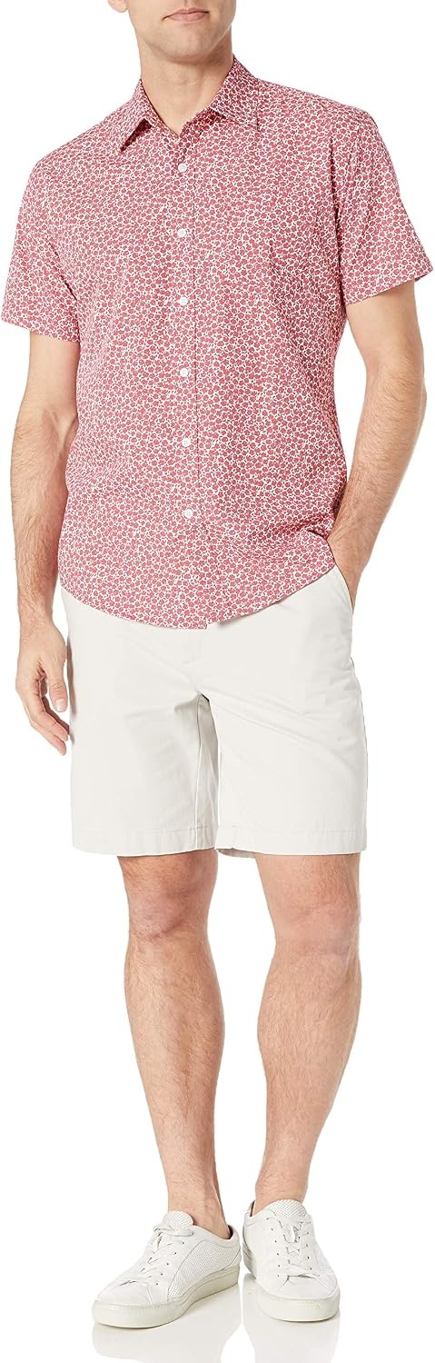 image:imageAmazon Essentials Mens RegularFit ShortSleeve Poplin Shirt Collared WashedWashed Red Roses
