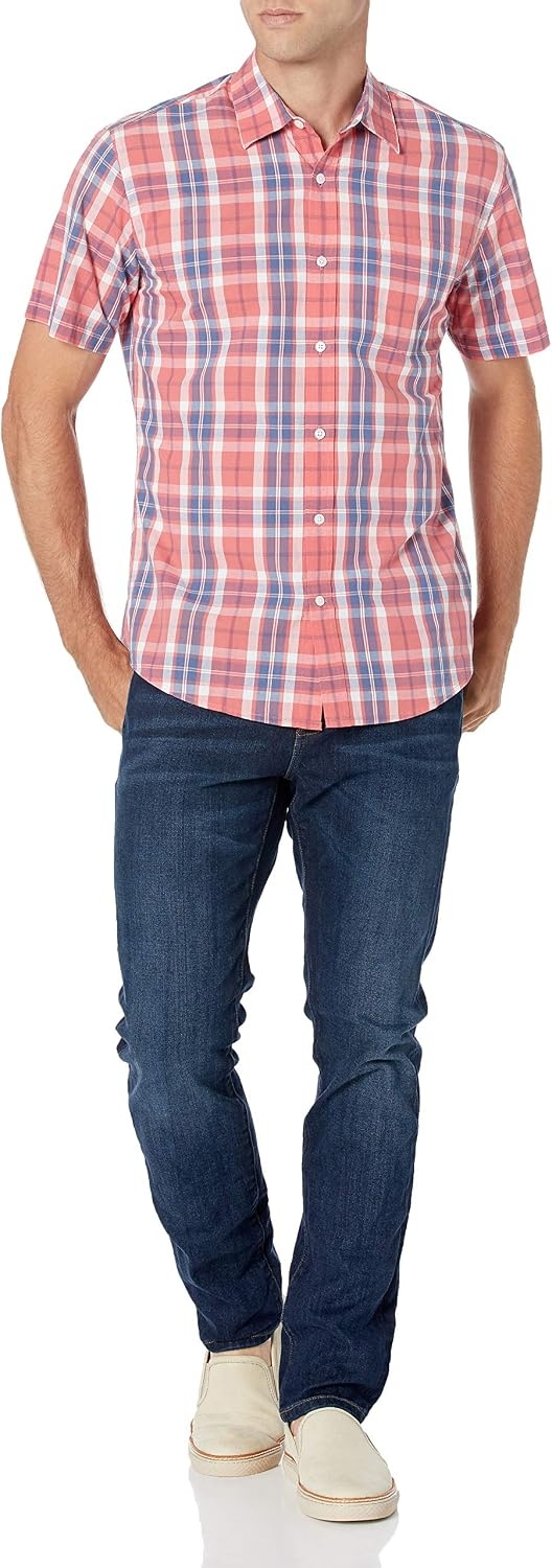 image:imageAmazon Essentials Mens RegularFit ShortSleeve Poplin Shirt Collared WashedWashed Red Windowpane