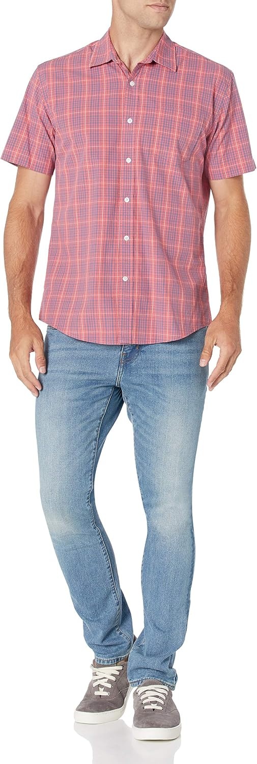 image:imageAmazon Essentials Mens RegularFit ShortSleeve Poplin Shirt Collared WashedWashed RedBlue Plaid