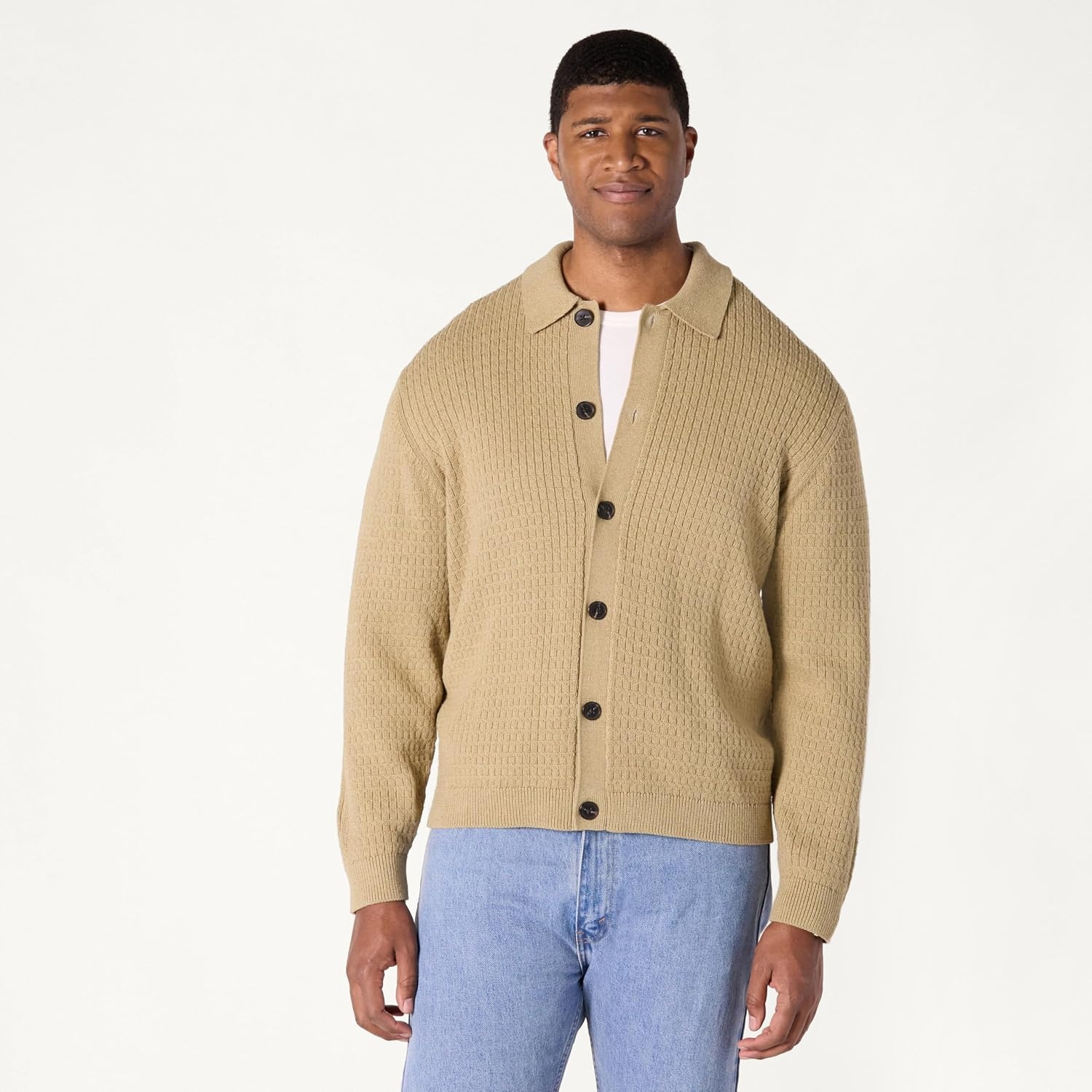 image:imageAmazon Essentials Mens RelaxedFit Collared Cardigan SweaterCamel Heather