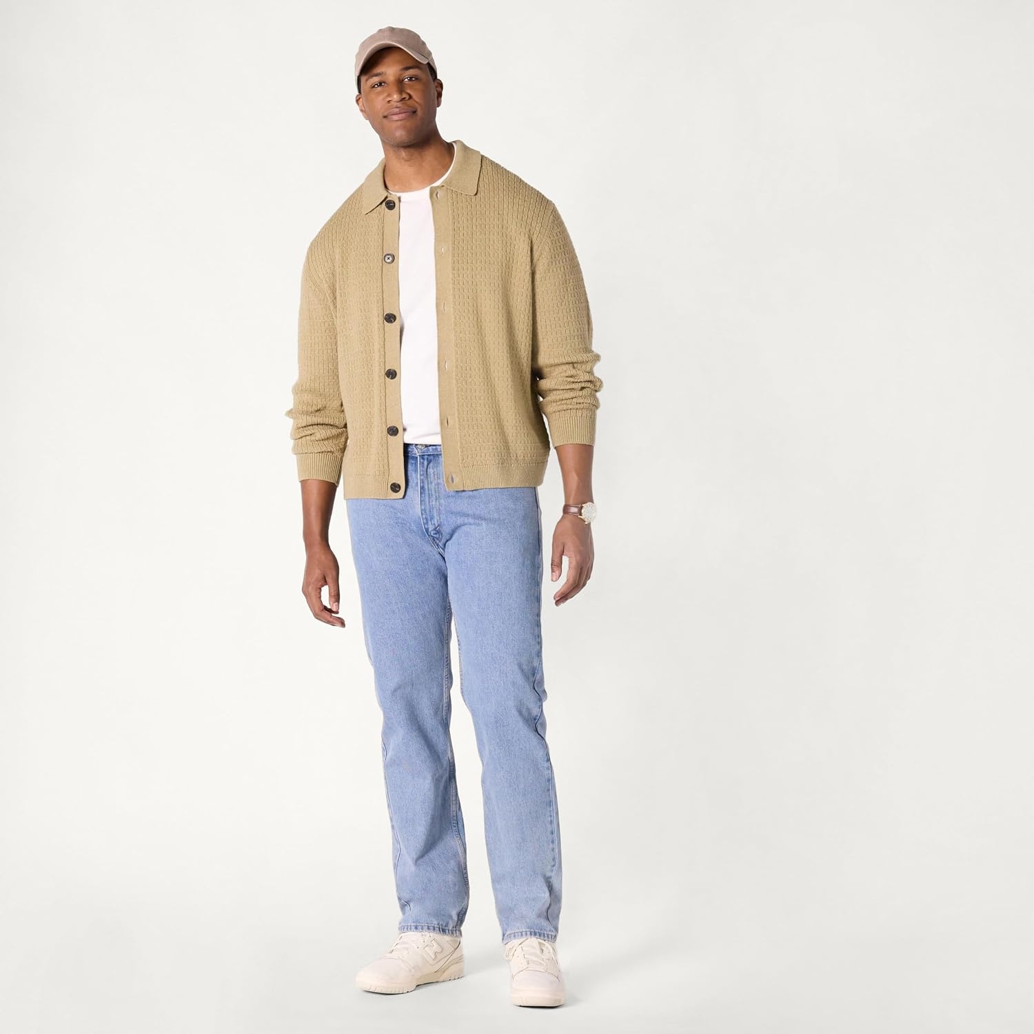 image:imageAmazon Essentials Mens RelaxedFit Collared Cardigan SweaterCamel Heather