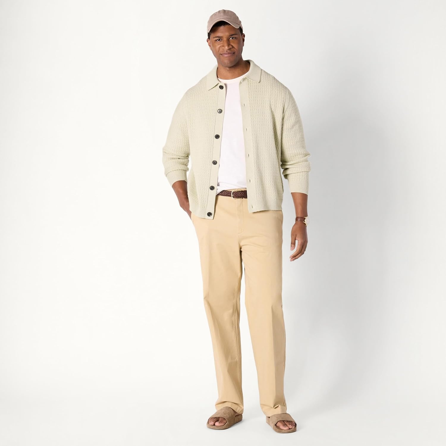 image:imageAmazon Essentials Mens RelaxedFit Collared Cardigan SweaterSand Heather