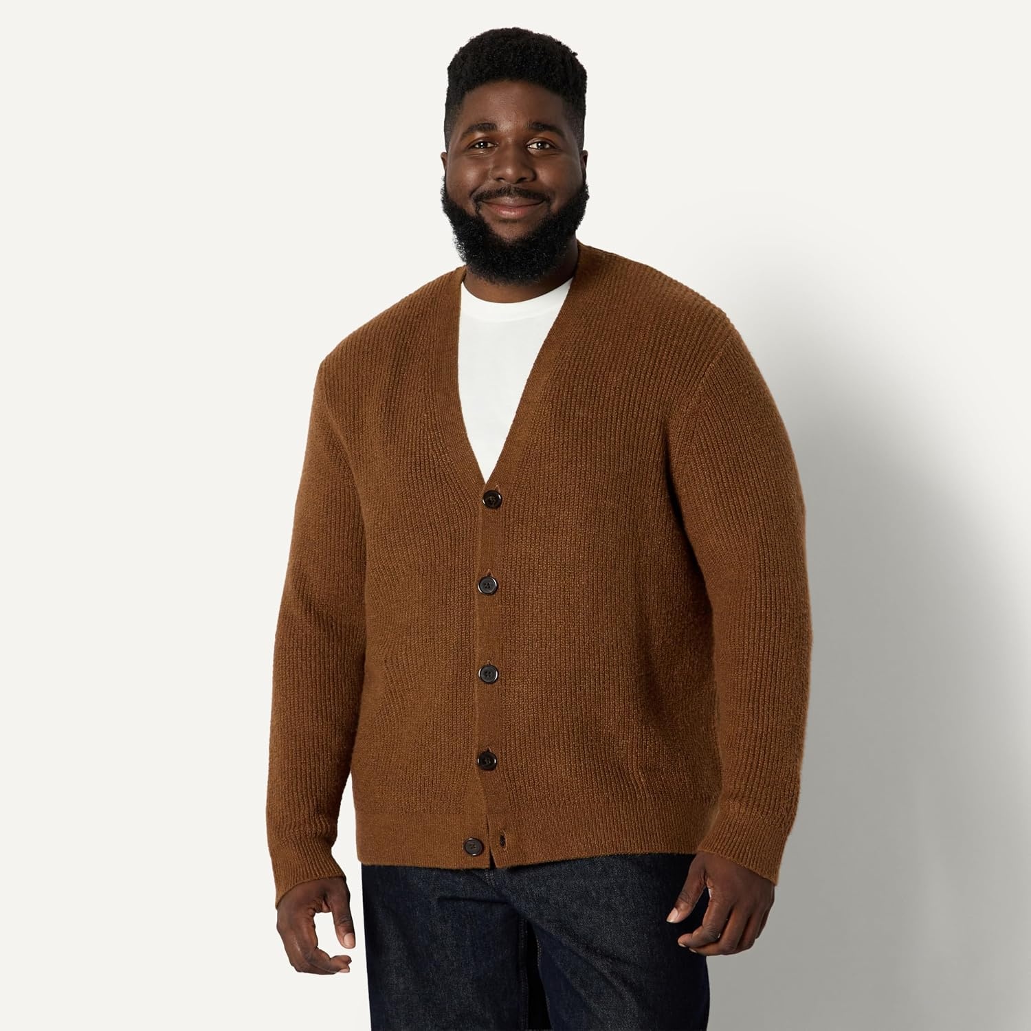image:imageAmazon Essentials Mens RelaxedFit Cotton Blend CardiganCaramel Heather