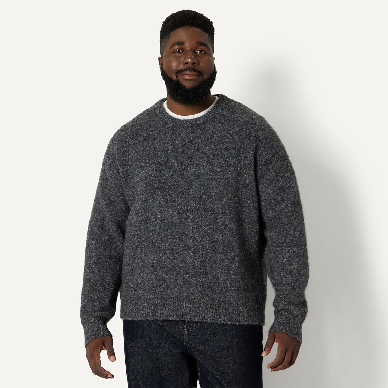 image:imageAmazon Essentials Mens RelaxedFit Faux Mohair Crewneck Pullover Sweater Ribbed Wool Blend HeavyweightCharcoal Heather